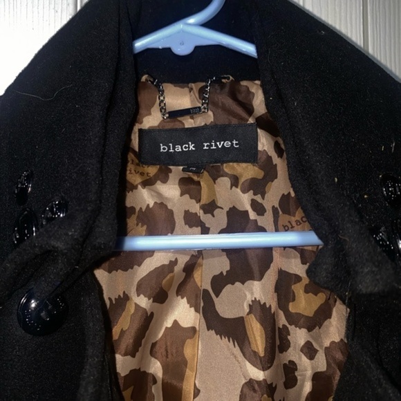 Black Rivet pea coat, black with animal print lining​ - Picture 7 of 9